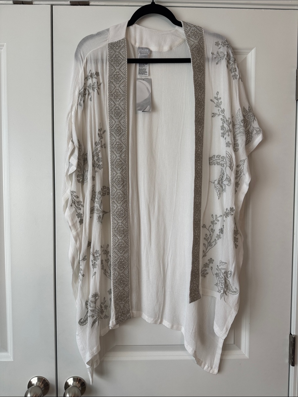 Chico's Cream Open-Front Embroidered Kimono with Silver Trim